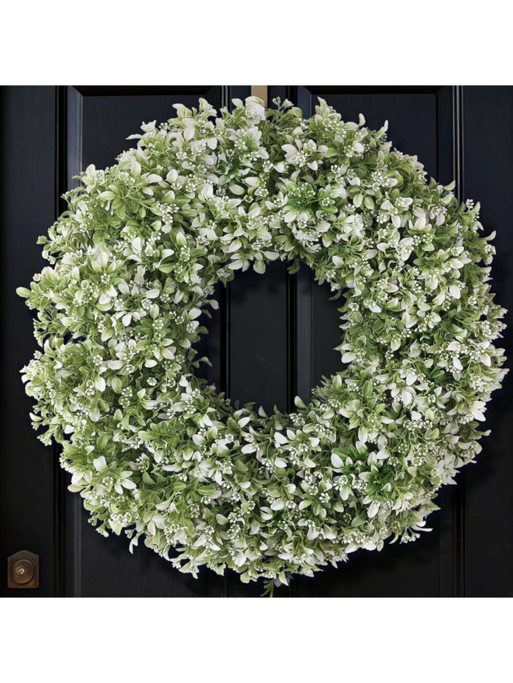 26” Large Faux Boxwood Wreath for Front Door Decor - Green & White Home Accent